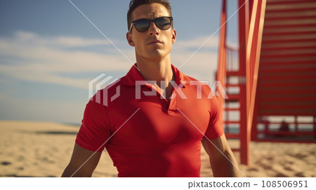 Attractive beach lifeguard in a red swimsuit, radiating charm and vigilance. Attractive beach lifeguard in a red swimsuit, radiating charm and vigilance. 108506951