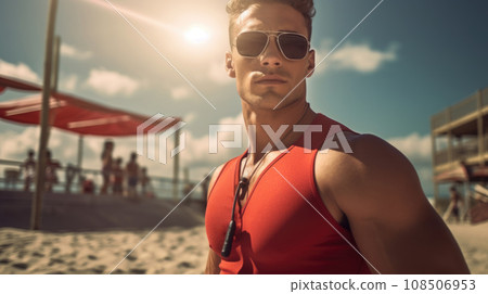Sizzling lifeguard poses on the shore, epitomizing beachside allure. Sizzling lifeguard poses on the shore, epitomizing beachside allure. 108506953