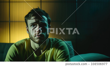 Artistic portrayal of a melancholic man, shedding light on the topic of mental health through cinema. Artistic portrayal of a melancholic man, shedding light on the topic of mental health through cinema. 108506977