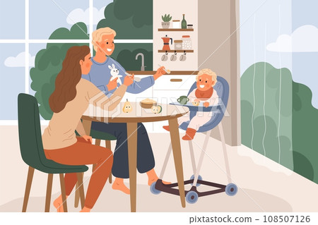 Cute parents with child at table. Mother and father feeding baby in kitchen. Happy young family having breakfast with toddler. Happy dad and mother. Porridge eating. Garish vector concept 108507126