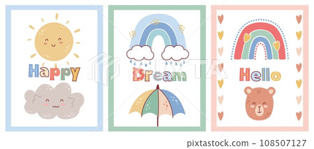 Cute bohemian rainbows banners. Kids greeting cards. Positive text. Happy smiling faces. Scandinavian primitive Boho design. Funny sun and cloud. Rain umbrella. Recent vector posters set 108507127