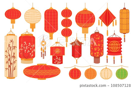 Chinese red lanterns. Traditional Asian festive elements. Decorative Japanese suspended objects made of rice paper. Lamps shapes. Floral ornament. Oriental lighting. Recent vector set 108507128