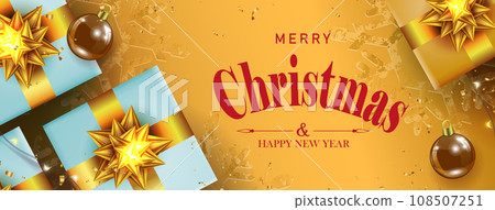 Christmas composition, gift boxes with bow, textured snowflakes and shiny balls 108507251