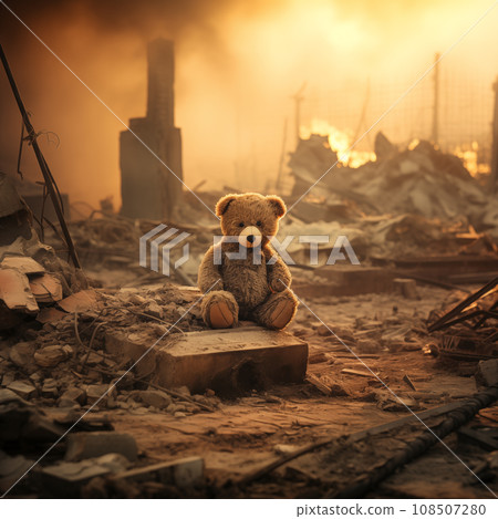 War children tragedy concept - sad teddy bear left in ruins of house destroyed at war 108507280