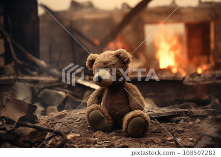 A poignant concept image depicting the tragic impact of war on children. A sad teddy bear toy sits amid the ruins of a house destroyed by conflict, symbolizing the loss and despair caused by war 108507281