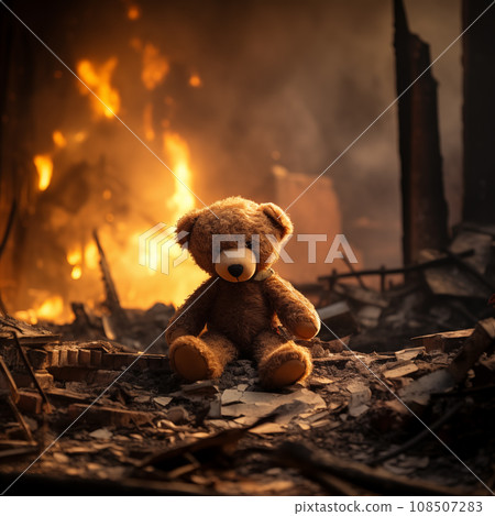 War children tragedy concept - sad teddy bear left in ruins of house destroyed at war 108507283
