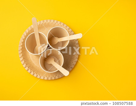 Paper Plate, Fork, Knife, Eco Tableware, Disposable Cutlery, Biodegradable, Eco Bio Table Setting for Picnic 108507588