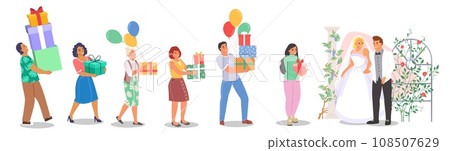 Guests giving wedding gifts to newlyweds vector illustration Guests giving wedding gifts to newlyweds vector illustration 108507629