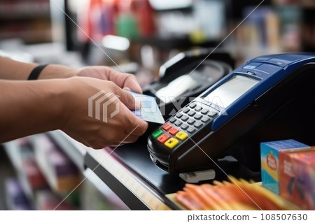 Man applies credit card to portable terminal to make contactless payment for purchase in store 108507630