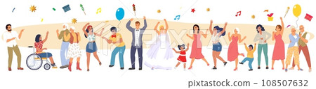 Happy dancing characters celebrating wedding vector illustration 108507632