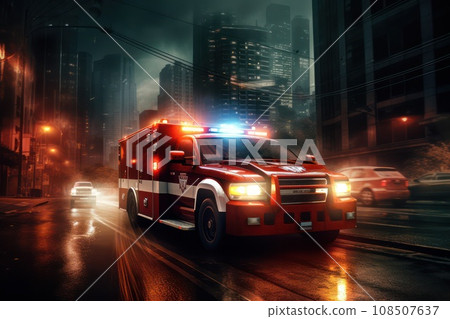 Emergency ambulance car fast driving on night city downtown district with motion blur. 108507637