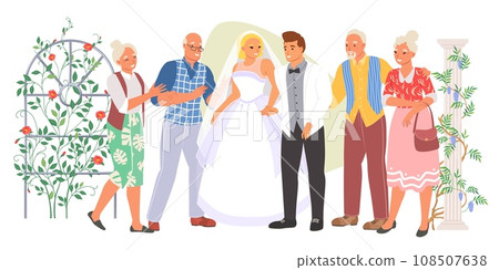 Marriage ceremony vector illustration with happy bride and groom 108507638