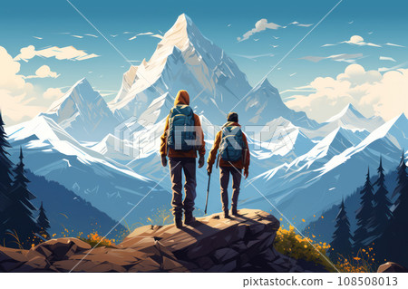 A family of travelers standing on top of a mountain A family of travelers standing on top of a mountain 108508013