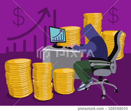 Vector isolated illustration of making money on the Internet. Freelancer. A man in a hood works online. Profit growth. Hacker. Vector isolated illustration of making money on the Internet. Freelancer. A man in a hood works online. Profit growth. Hacker. 108508035