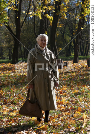 Gray-haired, smiling elderly woman in an autumn park. Happy old age, walking in nature Gray-haired, smiling elderly woman in an autumn park. Happy old age, walking in nature 108508122
