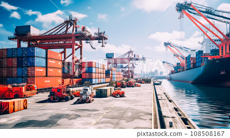 Sea cargo transportation, Transportation of general cargo at the port terminal. Loading, unloading various cargoes Sea cargo transportation, Transportation of general cargo at the port terminal. Loading, unloading various cargoes 108508167