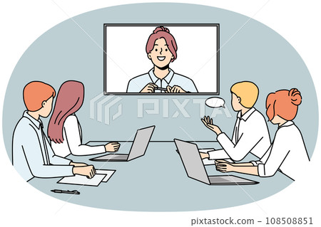 Businesswoman talk on video call with colleagues 108508851