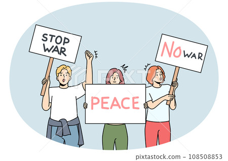 Diverse people with posters on anti-war demonstration Diverse people with posters on anti-war demonstration 108508853