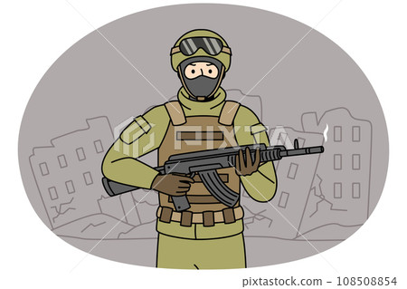 Soldier with weapon in ruined city 108508854