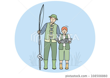 Smiling father and son excited with fish catch 108508860