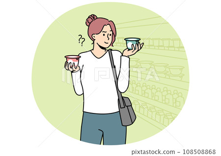 Young woman choose dairy product in supermarket Young woman choose dairy product in supermarket 108508868