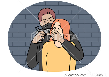 Criminal threaten scared woman with gun 108508869