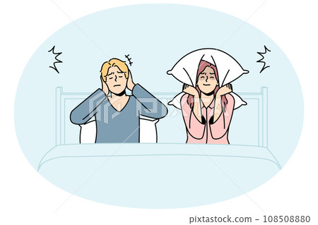 Unhappy couple in bed suffer from noisy neighbors 108508880