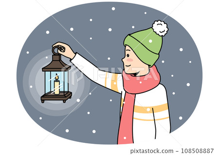 Little boy with lantern walking in darkness Little boy with lantern walking in darkness 108508887
