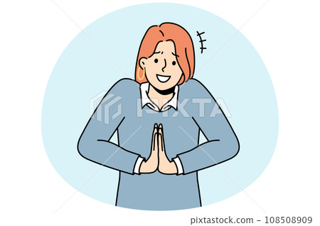 Smiling woman hold hands in prayer ask for favor 108508909