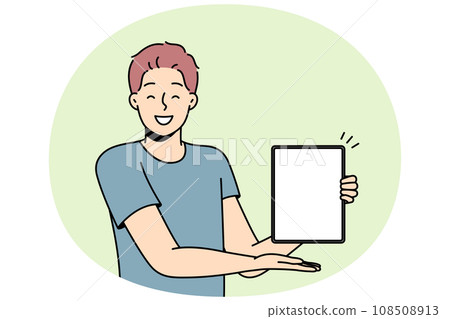 Smiling man show mockup screen on tablet 108508913
