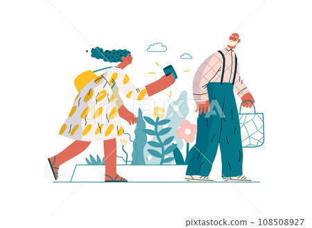 Mutual Support: Picking Up the Dropped Item -modern flat vector concept illustration of a woman who picked up a wallet lost by an elderly man Metaphor of voluntary, collaborative exchanges of services 108508927