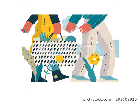 Mutual Support: Picking Up the Dropped Item -modern flat vector concept illustration of a woman carrying shopping bag being assisted by man. Metaphor of voluntary, collaborative exchanges of services 108508929