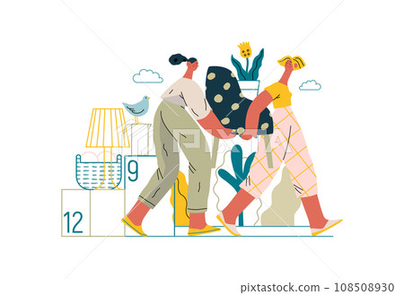 Mutual Support: Assistance with Moving -modern flat vector concept illustration of women collaboratively moving household items A metaphor of voluntary, collaborative exchanges of resource, services 108508930
