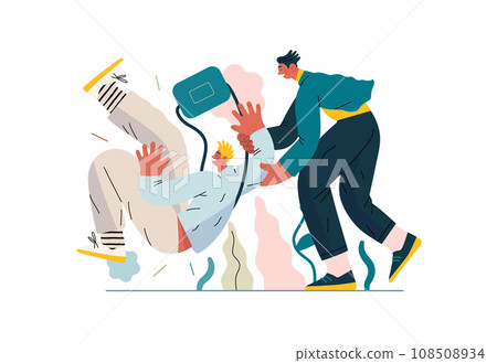 Mutual Support, Assisting Falling Person- modern flat vector concept illustration of man slipping, another supports him, preventing fall. Metaphor of voluntary, collaborative exchange of service Mutual Support, Assisting Falling Person- modern flat vector concept illustration of man slipping, another supports him, preventing fall. Metaphor of voluntary, collaborative exchange of service 108508934