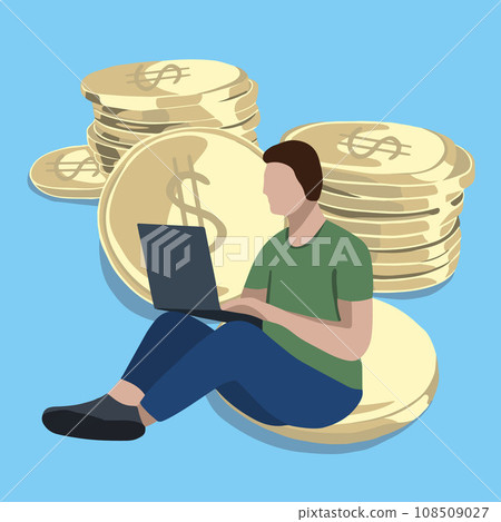 Vector isolated illustration of a man with a laptop sitting on a pile of coins. Online business. Freelancer Earnings on the Internet. Income growth. Vector isolated illustration of a man with a laptop sitting on a pile of coins. Online business. Freelancer Earnings on the Internet. Income growth. 108509027