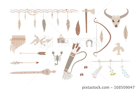 Bohemian native americans elements set. Wild west clipart with arrow, arch, border. Bohemian native americans elements set. Wild west clipart with arrow, arch, border. 108509047