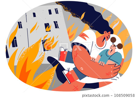 Caring mother save child from burning house Caring mother save child from burning house 108509058