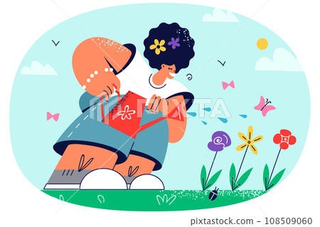 Smiling girl watering flowers Smiling girl watering flowers 108509060