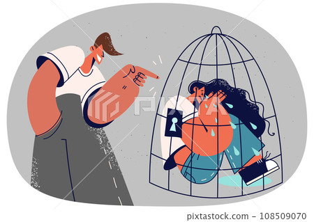 Bad man laughing at girl sitting in cage 108509070