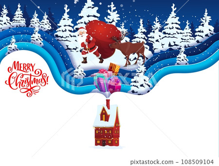 Christmas paper cut waves with winter forest landscape and Santa with gifts bag. Winter holiday, Christmas 3d banner or Xmas paper cut vector wallpaper with Santa Claus, reindeer cartoon character Christmas paper cut waves with winter forest landscape and Santa with gifts bag. Winter holiday, Christmas 3d banner or Xmas paper cut vector wallpaper with Santa Claus, reindeer cartoon character 108509104