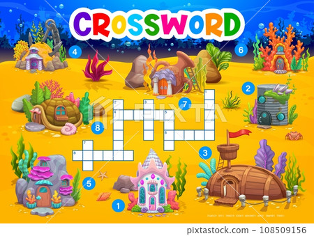 Cartoon underwater crossword quiz game worksheet, undersea landscape with house buildings, vector grid. Kids crossword quiz with underwater houses and dwelling shelters in seashell and sunken ship 108509156