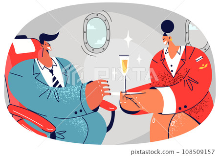 Stewardess serve businessman in first class Stewardess serve businessman in first class 108509157