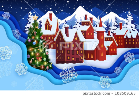 Christmas paper cut greeting card. Cartoon winter snowy town, Xmas holiday tree and snowflakes double exposition. Vector house buildings, Xmas lights, balls and snow landscape with 3d layered border Christmas paper cut greeting card. Cartoon winter snowy town, Xmas holiday tree and snowflakes double exposition. Vector house buildings, Xmas lights, balls and snow landscape with 3d layered border 108509163