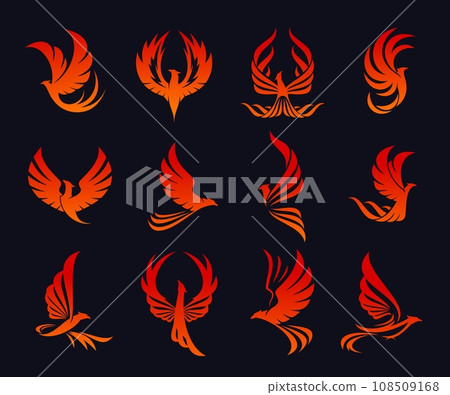Phoenix bird symbol or emblem. Infinity and freedom magic animal symbol, creativity concept or business company vector sign or emblem. Hot phoenix fantasy bird graphic red tattoo or icons set 108509168