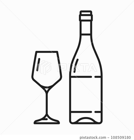 Bottle of white wine and glass isolated outline icon. Vector aged wine dry light alcohol drink in glass bottle. Winery product, thin line 108509180