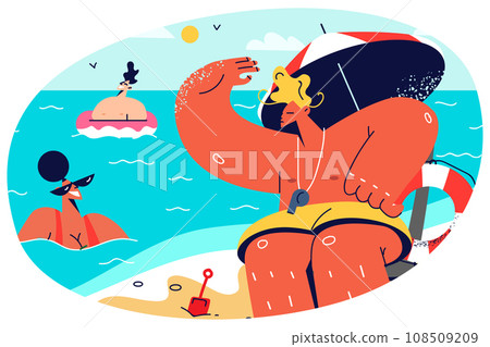 Lifeguard on tower on seashore 108509209