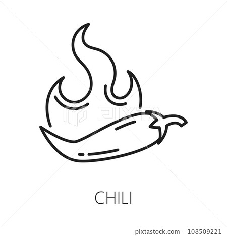 Cayenne long pepper with burning fire isolated spicy chili outline icon. Vector Nahuatl or Thai pepper or cayenne long chilli, spicy vegetarian food Cayenne long pepper with burning fire isolated spicy chili outline icon. Vector Nahuatl or Thai pepper or cayenne long chilli, spicy vegetarian food 108509221