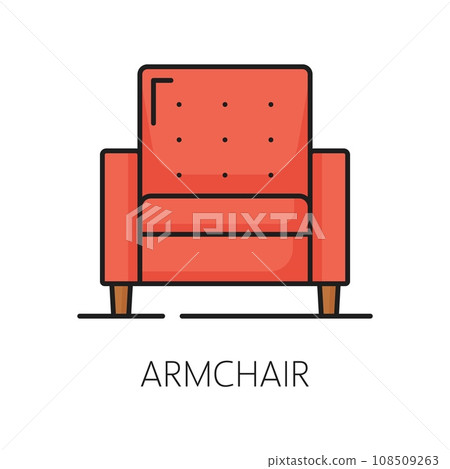 Armchair furniture icon, home interior. Hotel lounge room interior design element outline symbol, office or home living room classic furniture, apartment armchair linear vector icon or sign Armchair furniture icon, home interior. Hotel lounge room interior design element outline symbol, office or home living room classic furniture, apartment armchair linear vector icon or sign 108509263