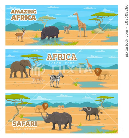 Safari park or hunting sport, African animals in savanna, vector hunt or Africa zoo banners. African savanna with wild giraffe, zebra and lion, hippopotamus with rhinoceros, antelope and cheetah Safari park or hunting sport, African animals in savanna, vector hunt or Africa zoo banners. African savanna with wild giraffe, zebra and lion, hippopotamus with rhinoceros, antelope and cheetah 108509266