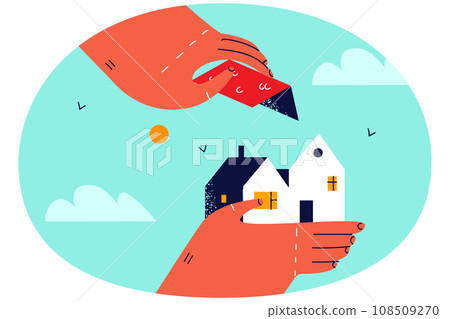 Person put roof to house model Person put roof to house model 108509270